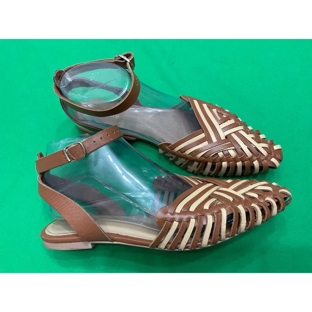 Anthropologie Pilcro Woven Leather Ankle Strap Sandal brown, tan, cream size 7